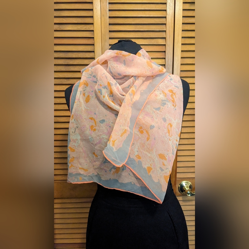 Vintage Vera Verasheer Silk Blend Scarf ~15x45" Gray And Melon Wrap Chiffon